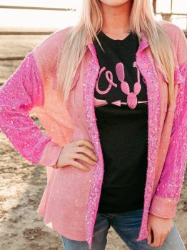 Apricot Pink Mineral Wash Sequin Patchwork Flap Pocket Shacket