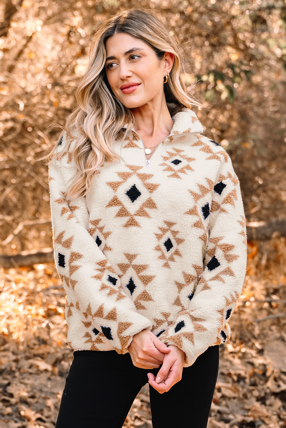 Khaki Aztec Print Sherpa Quarter Zip Collar Sweatshirt - Image 7