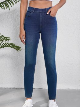 Ashleigh Blue Multiple Pockets Straight Leg Washed Stretchy Knit Casual Jeans