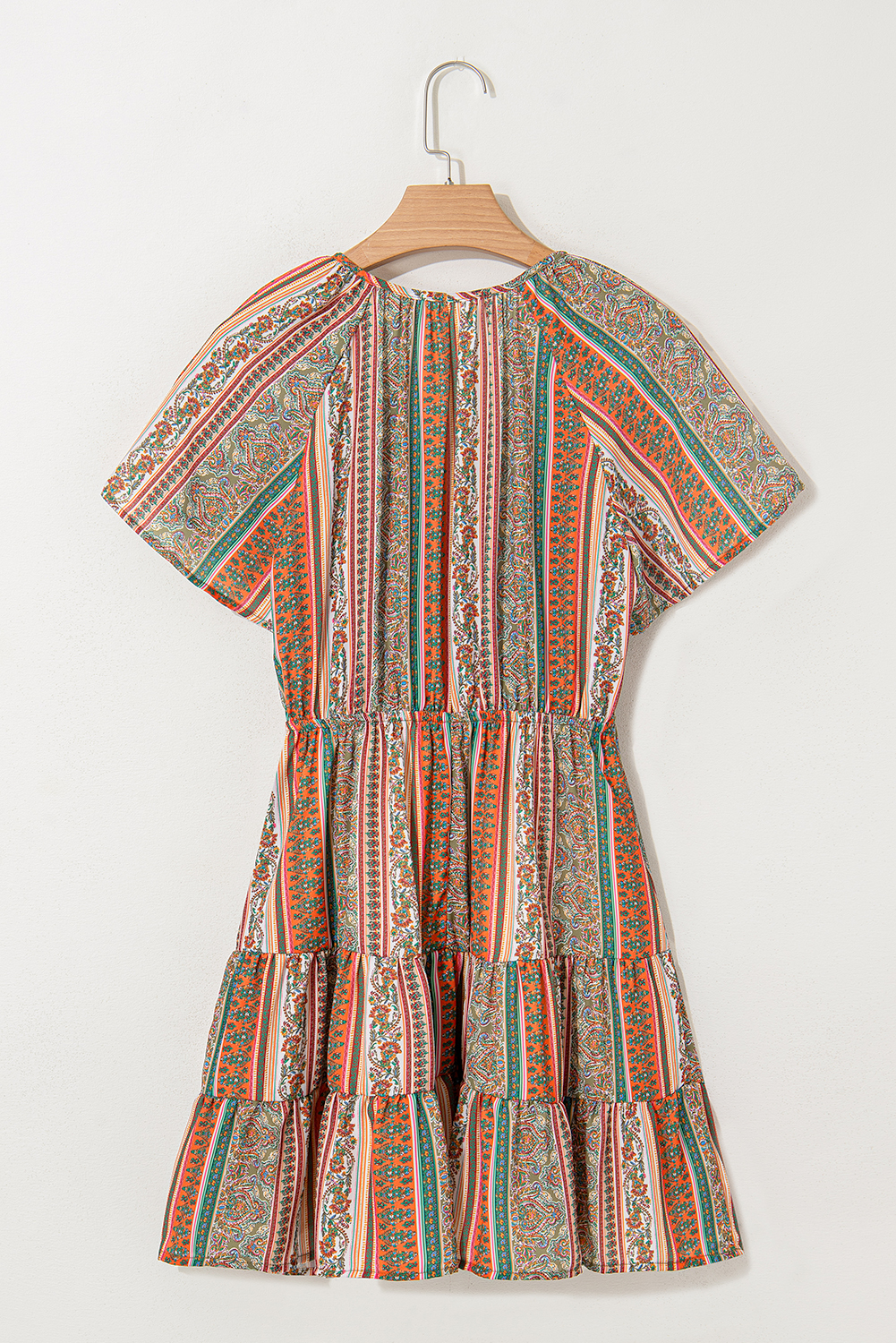 Red Bohemian Floral Print Buttoned V Neck Ruffle Tiered Dress - Image 7