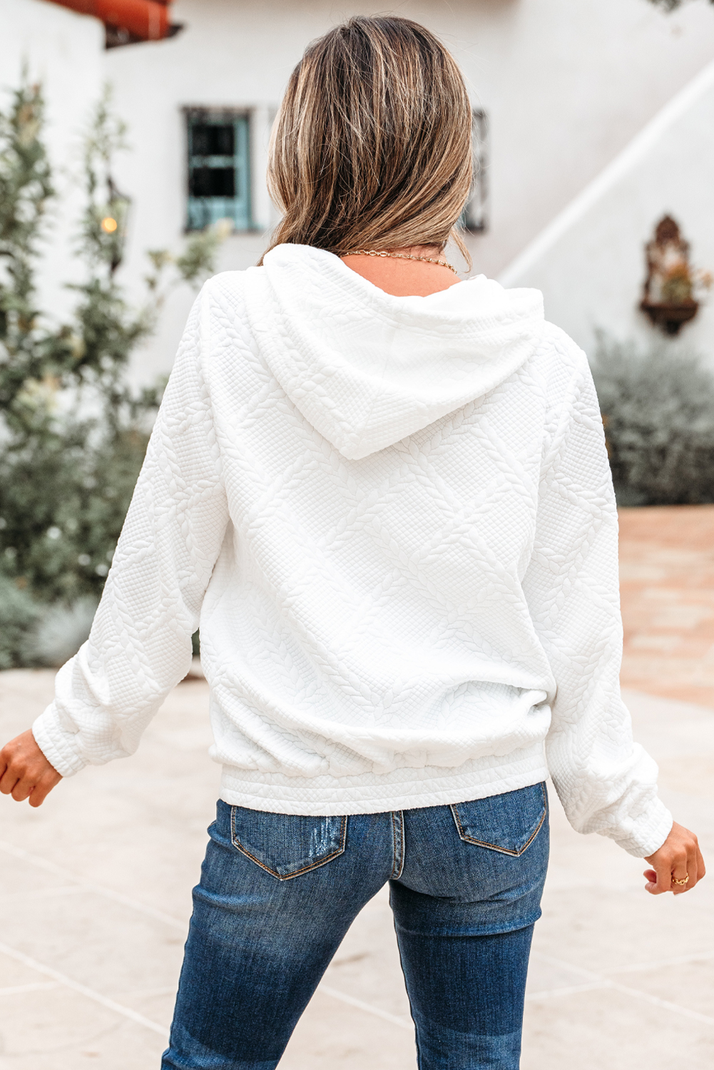 White Cable Lattice Texture Kangaroo Pocket Hoodie - Image 2
