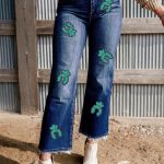 Sail Blue Turquoise Pattern Raw Edge Cropped High Waist Jeans