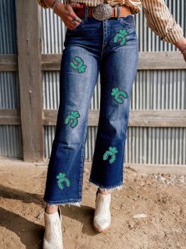Sail Blue Turquoise Pattern Raw Edge Cropped High Waist Jeans