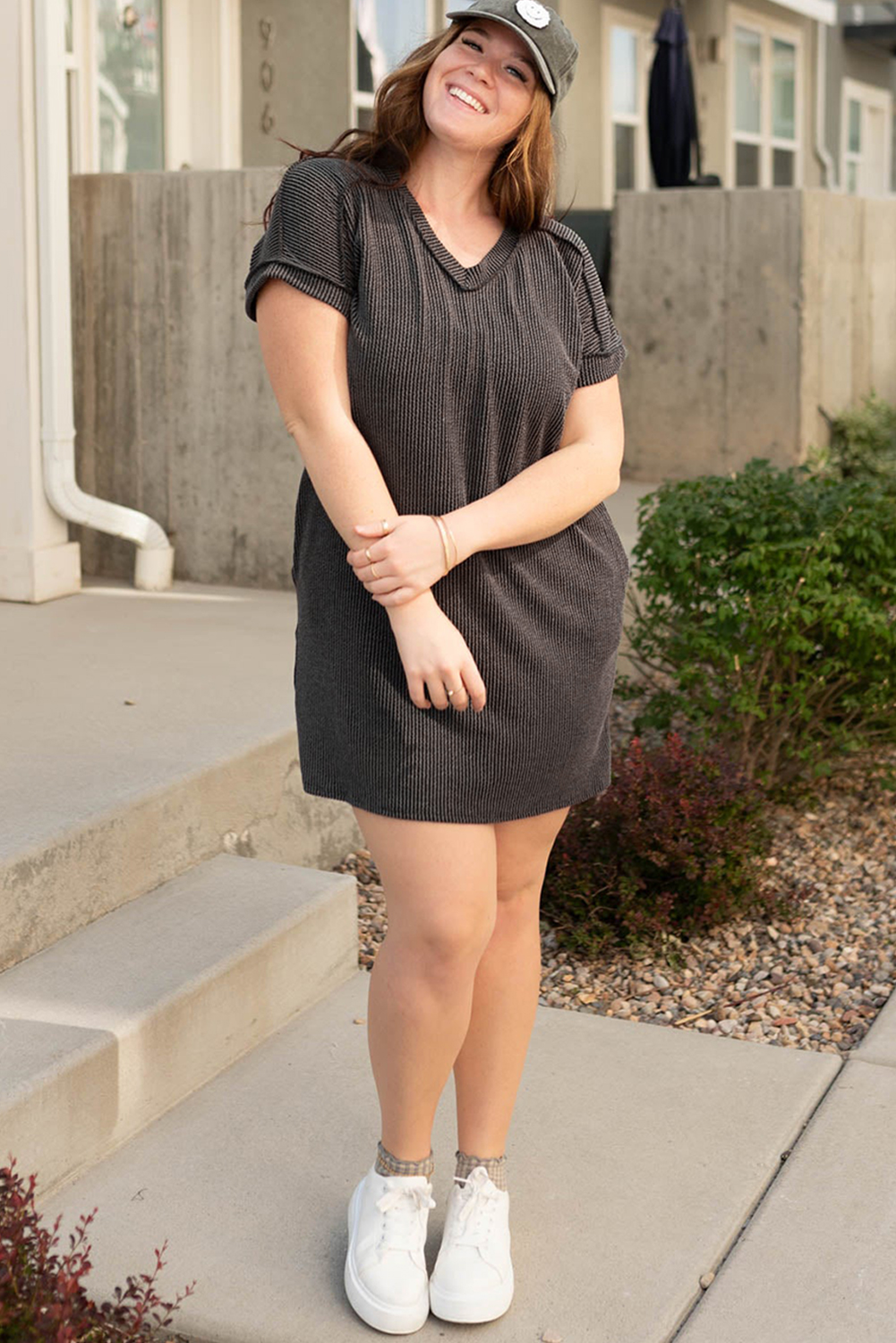 Carbon Grey Corded V Neck Plus Size T Shirt Dress with Pockets - Image 4