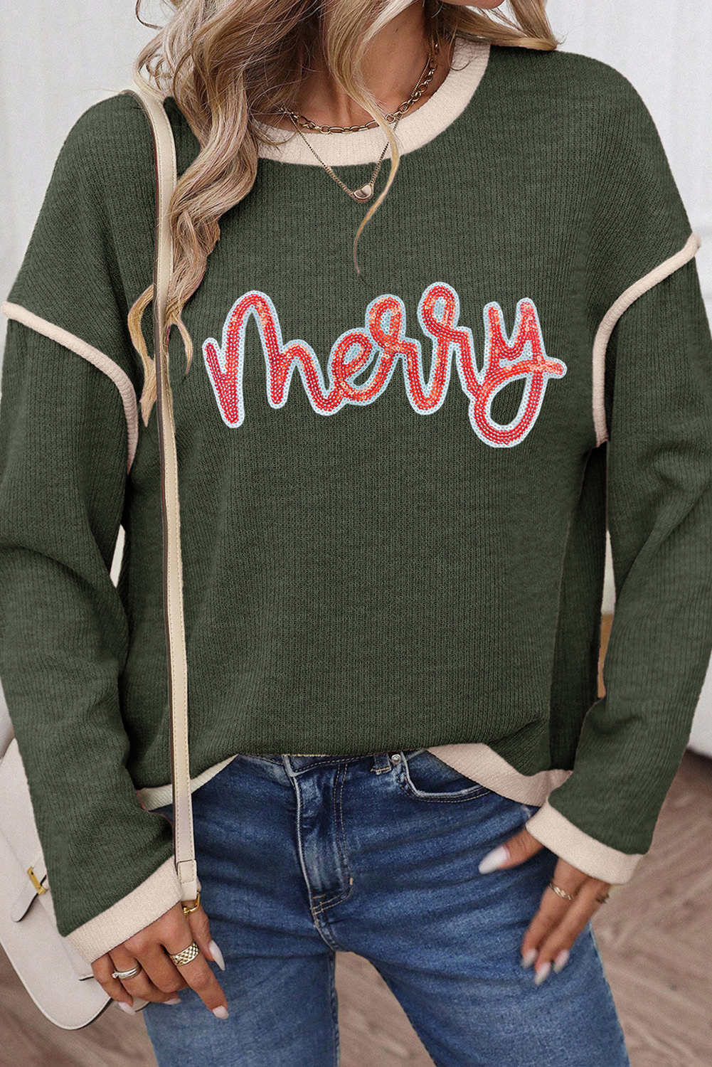 Four Leaf Clover Merry Patched Graphic Contrast Trim Christmas Knitted Long Sleeve Top - Image 3