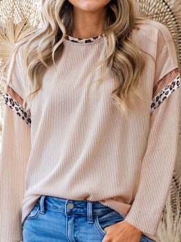 Beige Twist Ribbed Leopard Color Block Detail Drop Shoulder Long Sleeve Top