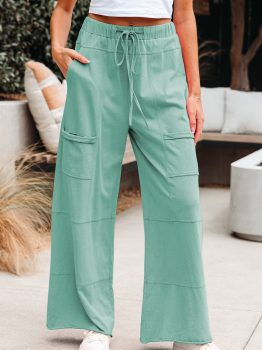 Mint Green Mineral Wash Exposed Seam Drawstring Elastic Waistband Wide Leg Cargo Pants