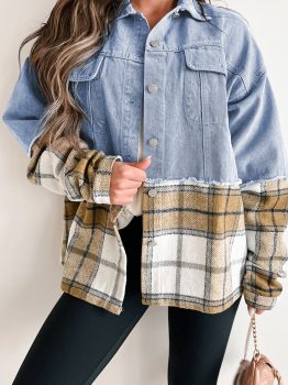 Khaki Plaid Patchwork Buttoned Oversized Denim Jacket