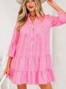 Pink Stripe Flare Sleeve Half Placket Tiered Flowy Mini Dress