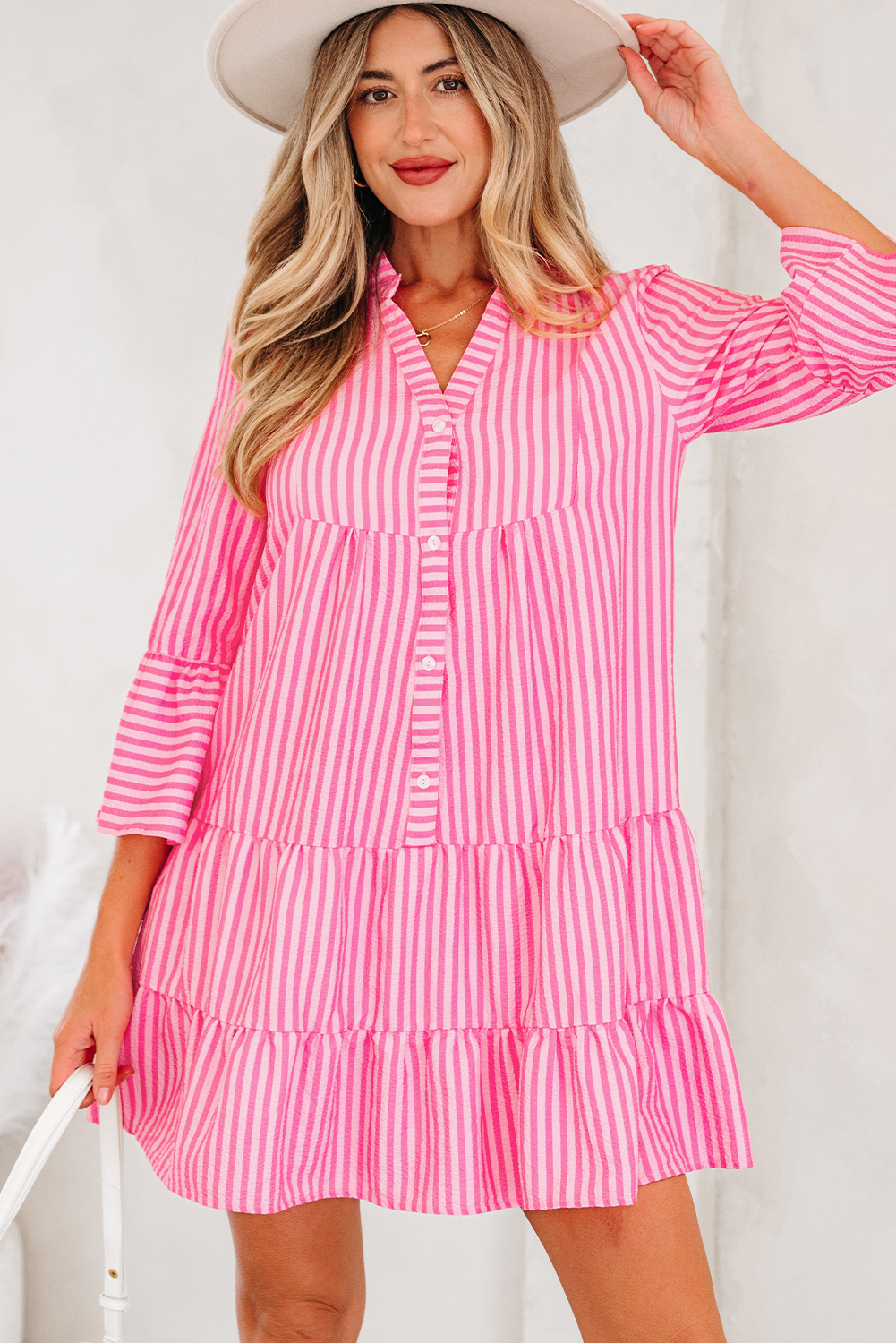 Pink Stripe Flare Sleeve Half Placket Tiered Flowy Mini Dress