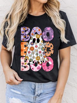 Black BOO Floral Ghost Print Crew Neck Halloween T Shirt