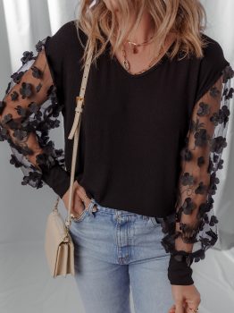 Black Flower Applique Mesh Long Sleeve V Neck Blouse