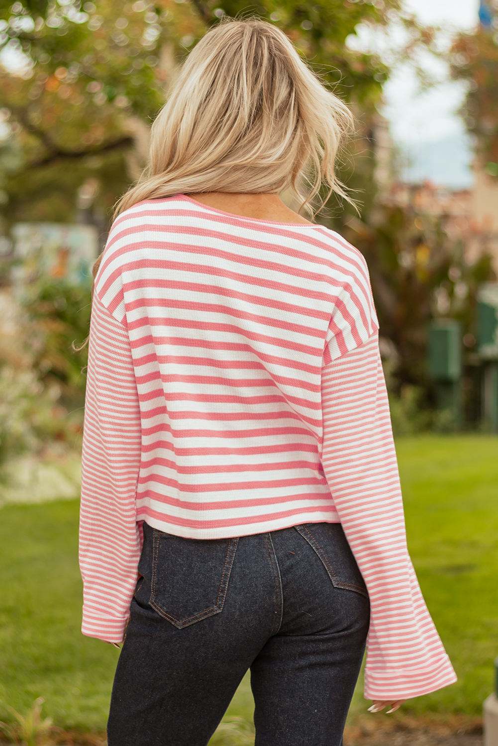Pink Stripe Textured Contrast Dropped Long Sleeve Top - Image 2