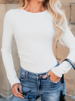 White Ribbed Long Sleeve Crew Neck Solid Color Bodysuit