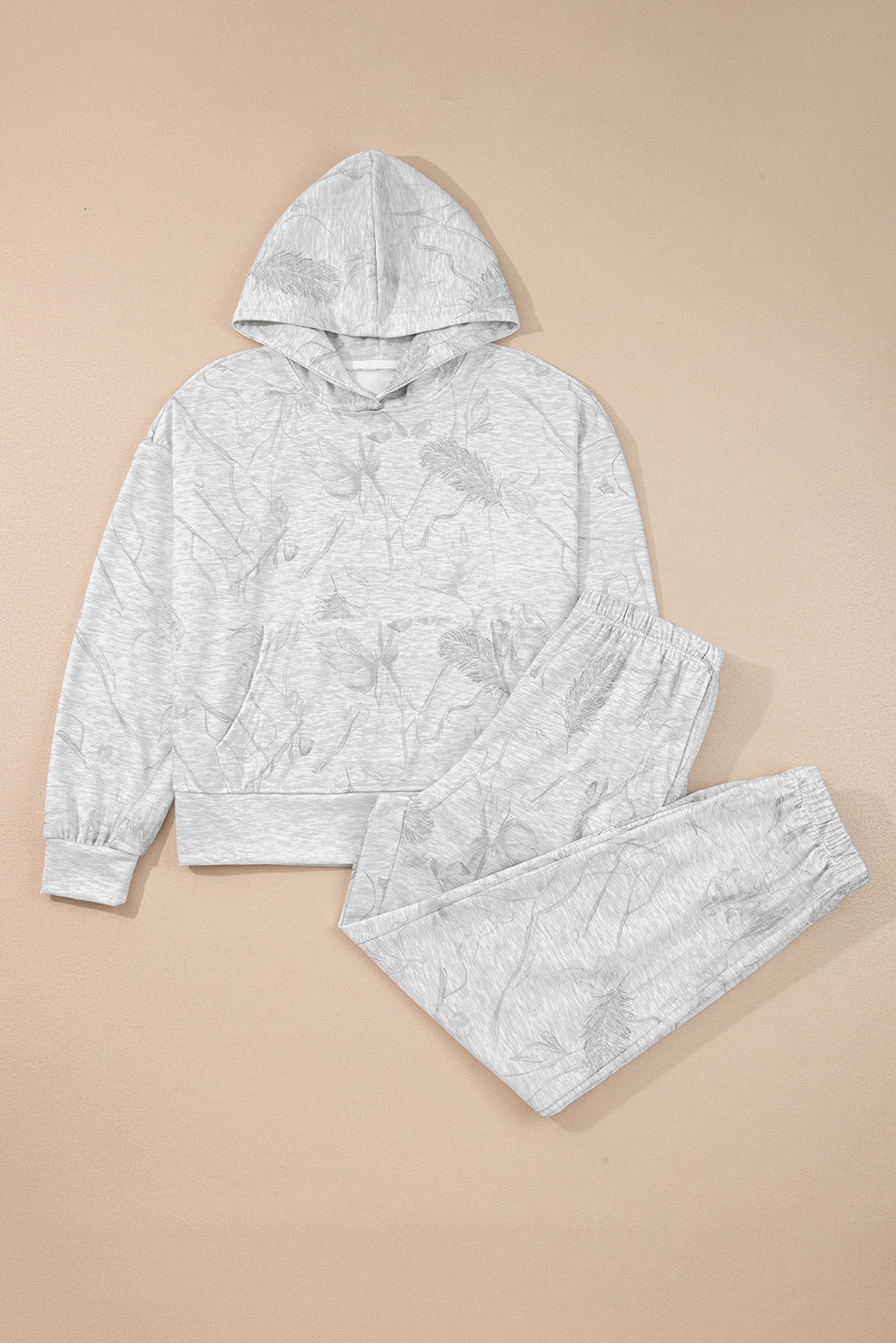 Light Grey Abstract Print Loose Drop Sleeve Hoodie Elastic Waistband 2pcs Pant Set - Image 3