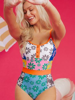 Orange Floral Colorblock Buttoned Décor Front Spaghetti Straps Teddy Swimsuit