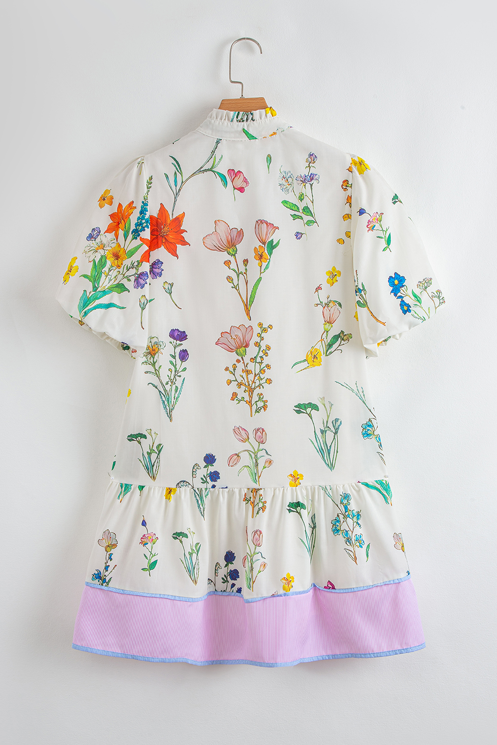 White Floral Print Contrast Striped Patchwork Short Puff Sleeve Dress - Image 8
