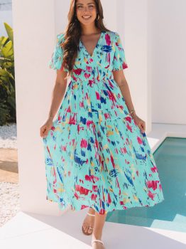 Sky Blue Abstract Print Short Puff Sleeve Tiered Maxi Dress