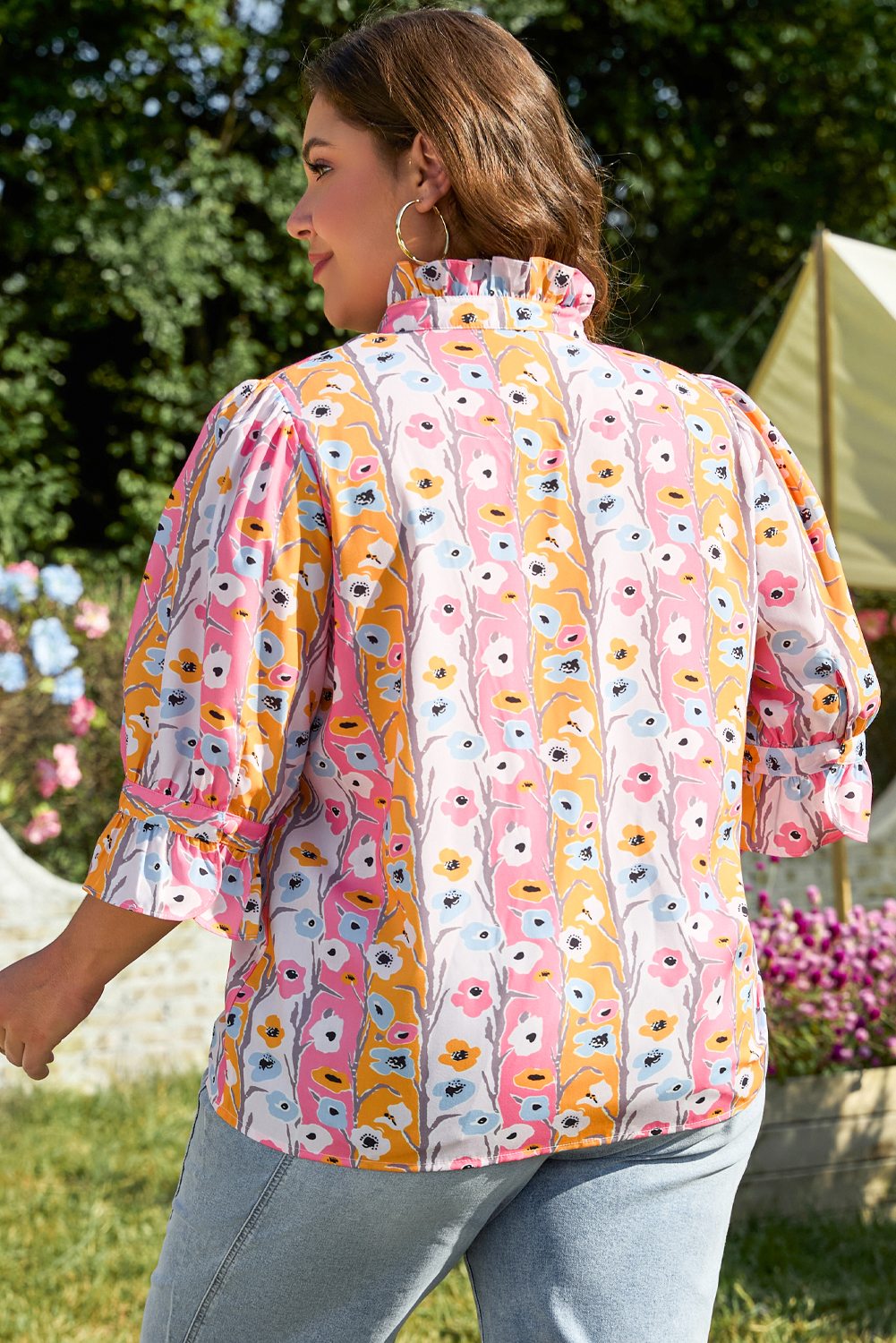 Pink Floral Ruffled Collar Bracelet Sleeve Plus Size Blouse Top - Image 2