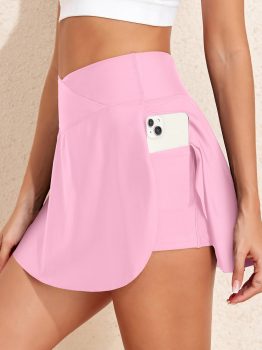 Pink Solid Pocketed Crossover High Waist Swim Skort