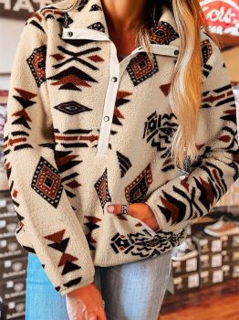 Beige Western Aztec Half Zip Plush Sweatshirt