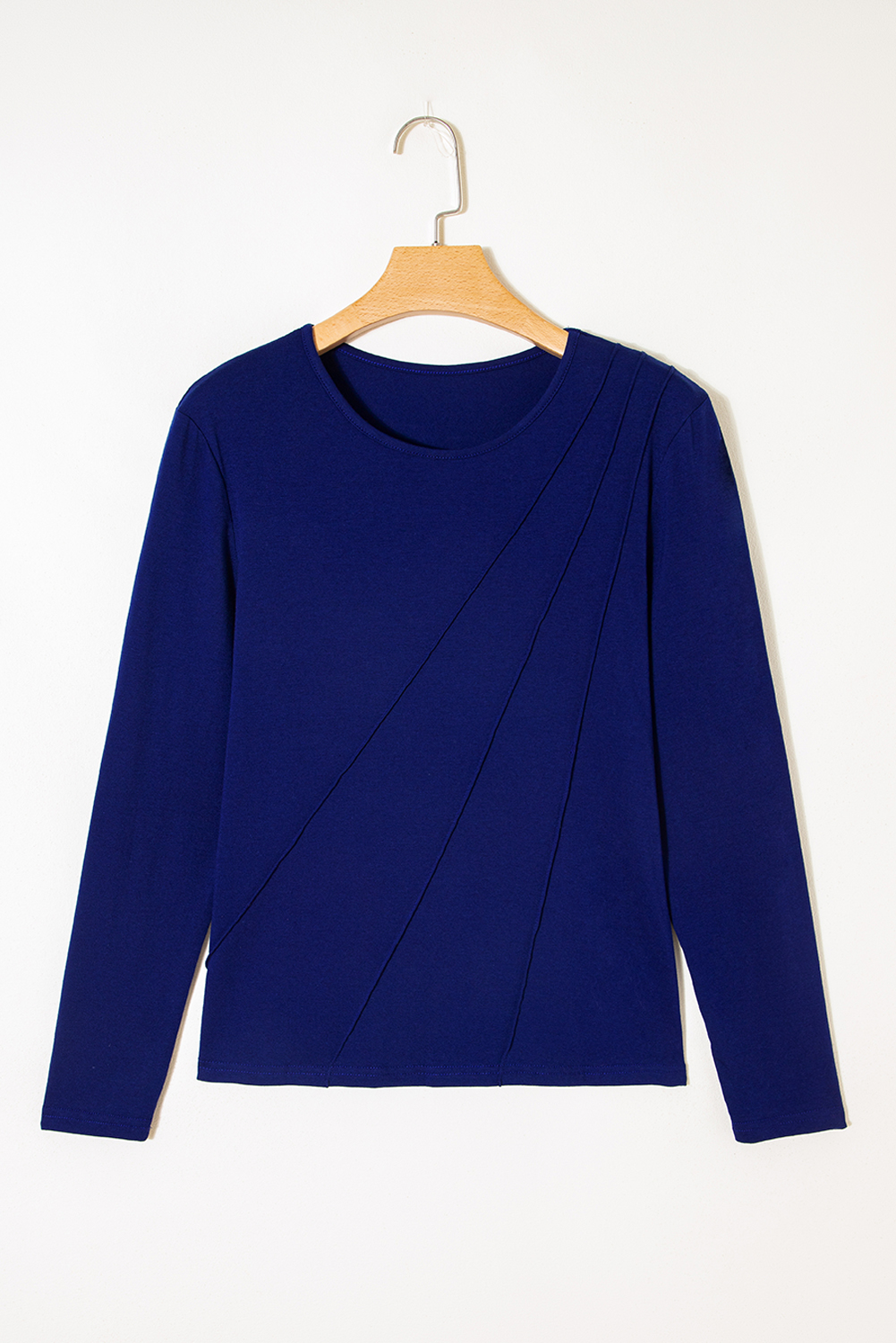 Navy Blue Asymmetric Seam Detail Solid Color Long Sleeve Top - Image 6