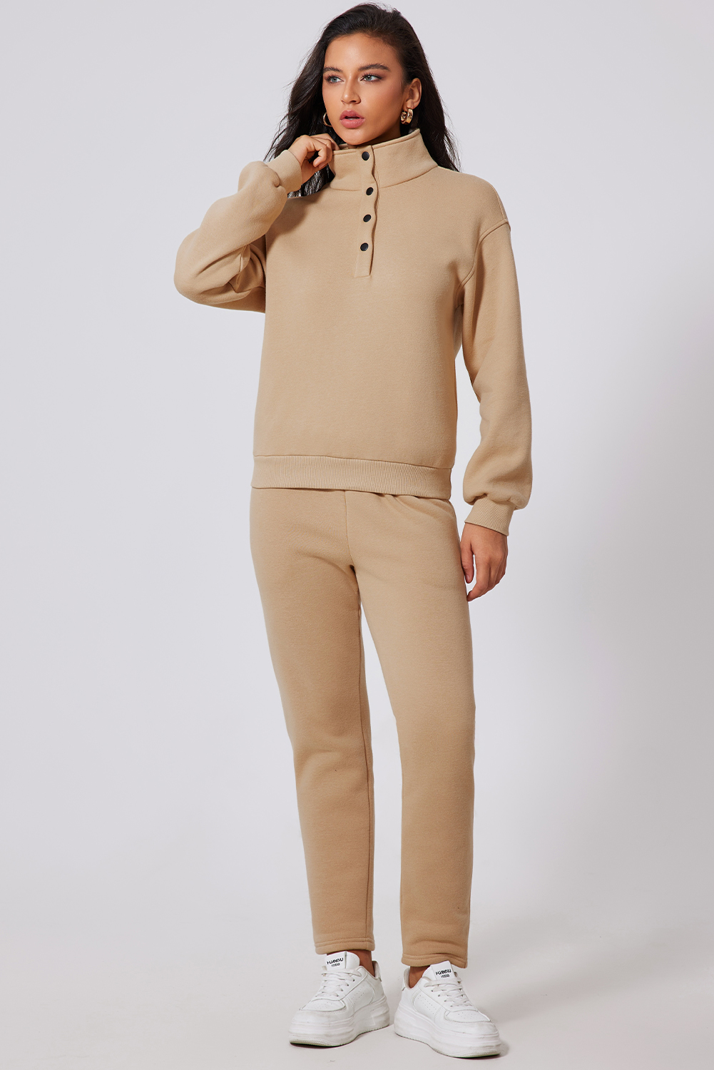 Parchment Solid Half Button Sweatshirt and High Waist Sweatpants Set - Image 7