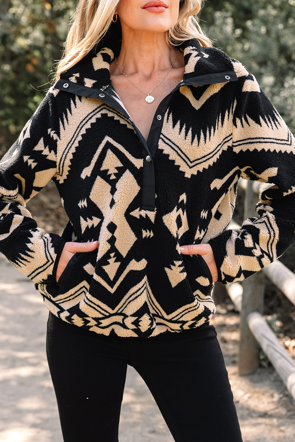 Black Western Aztec Half Placket Plush Sweatshirt - Image 8