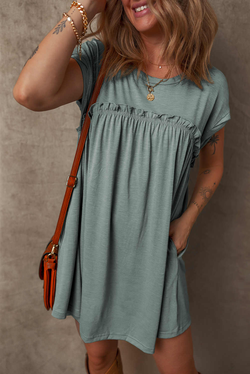 Mist Green Frilled Gathered Seam Round Neck T Shirt Dress - Image 4