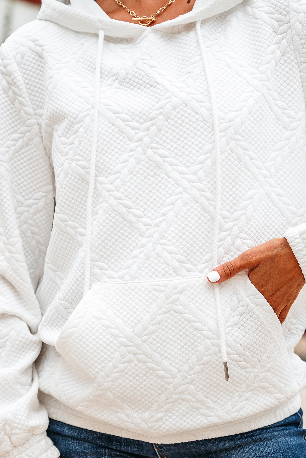 White Cable Lattice Texture Kangaroo Pocket Hoodie - Image 7