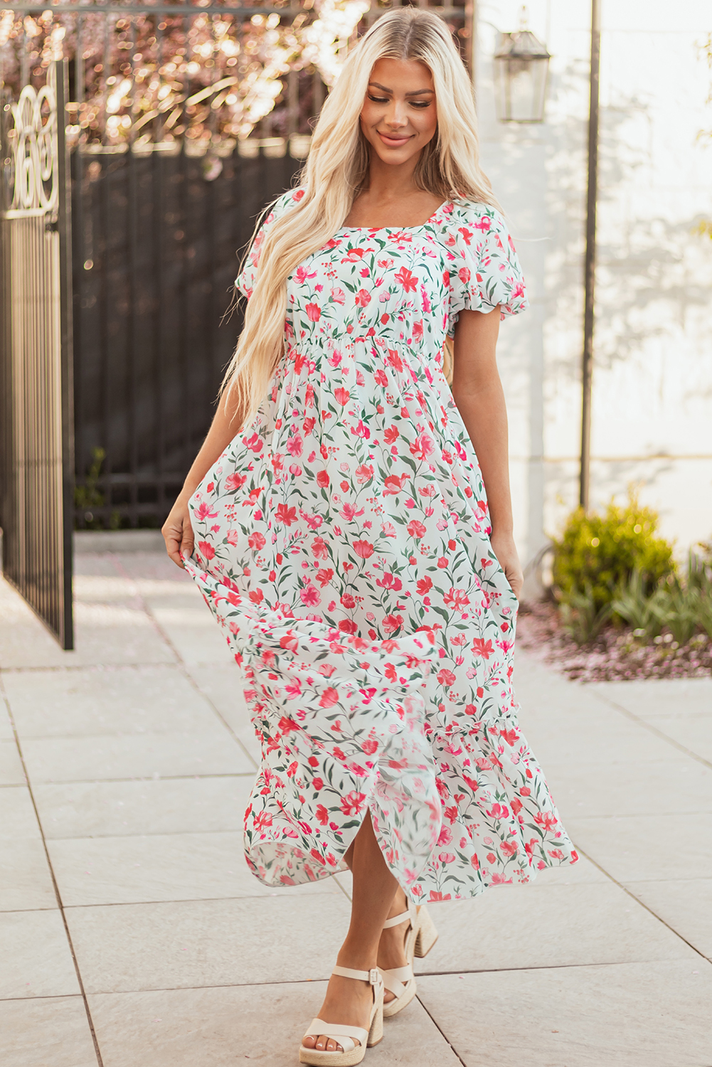 Pink Floral Puff Sleeve Square Neck Empire Waist Tiered Maxi Dress - Image 5