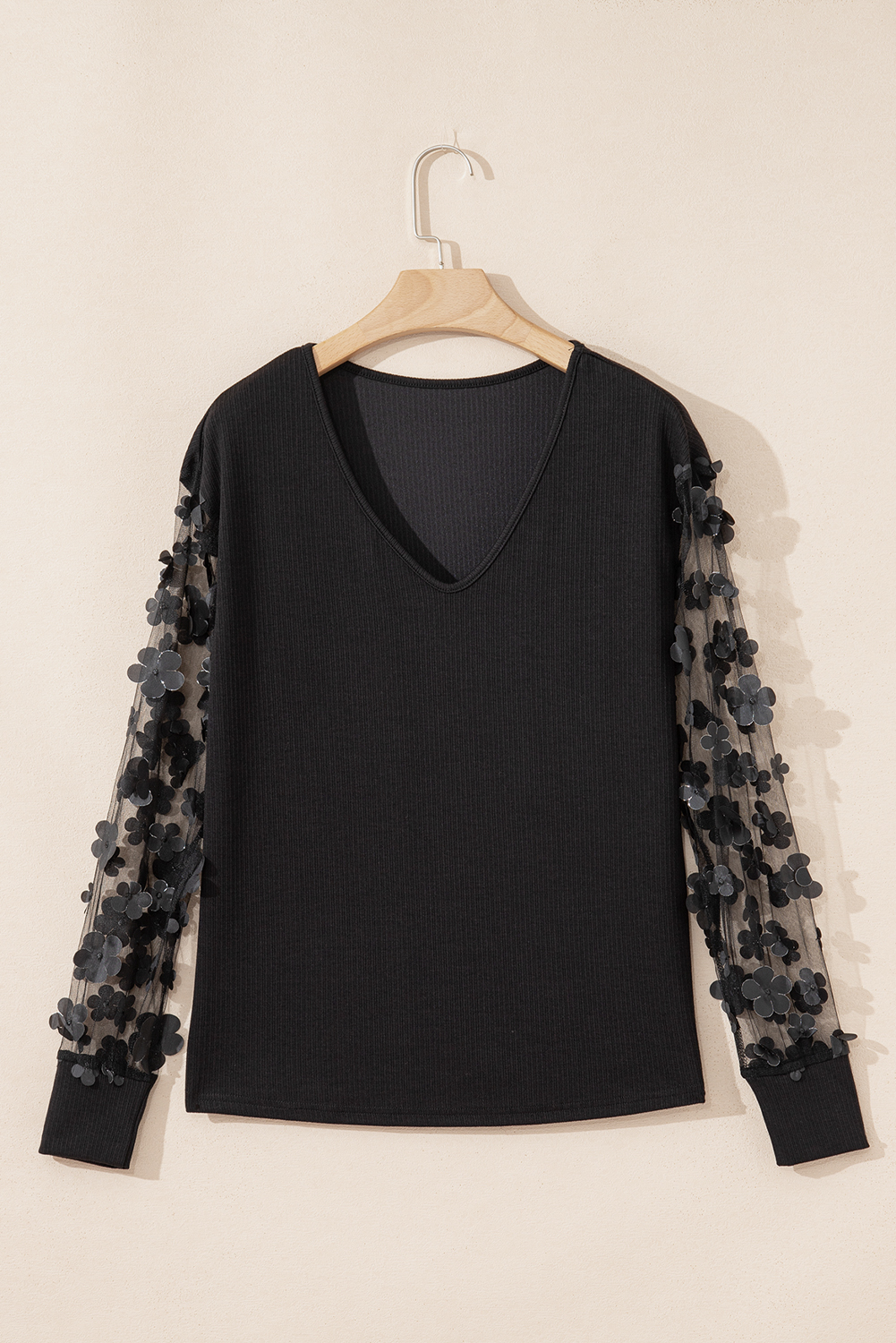 Black Flower Applique Mesh Long Sleeve V Neck Blouse - Image 7