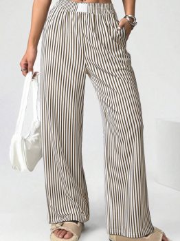 Brown Stripe Elastic High Waist Pocketed Loose Pants