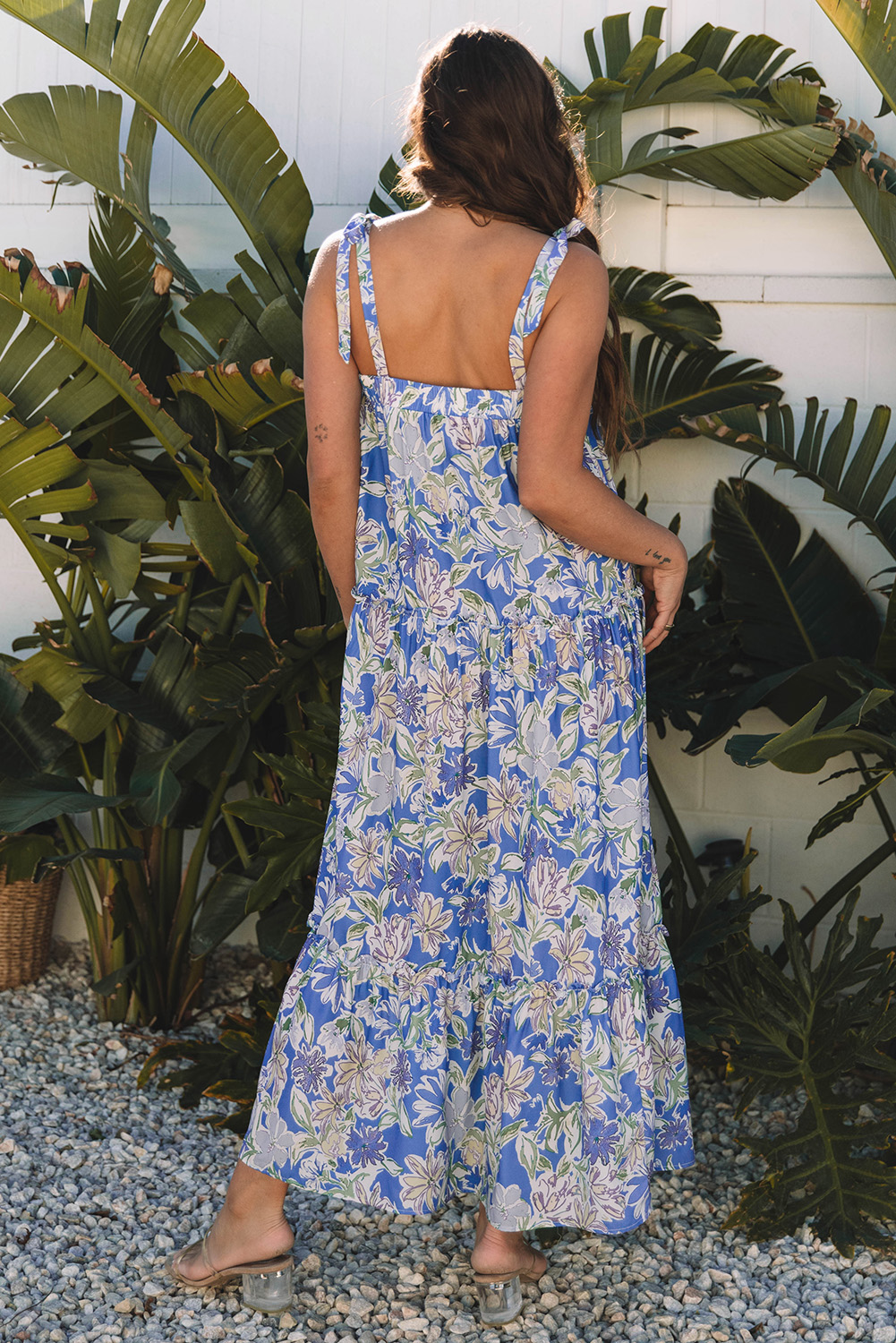 Sky Blue Floral Print Self-tie Straps Flowy Ruffle Long Dress - Image 2