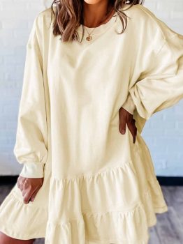 Beige Double Tiered Ruffle Hem Long Sleeve Loose Mini Dress