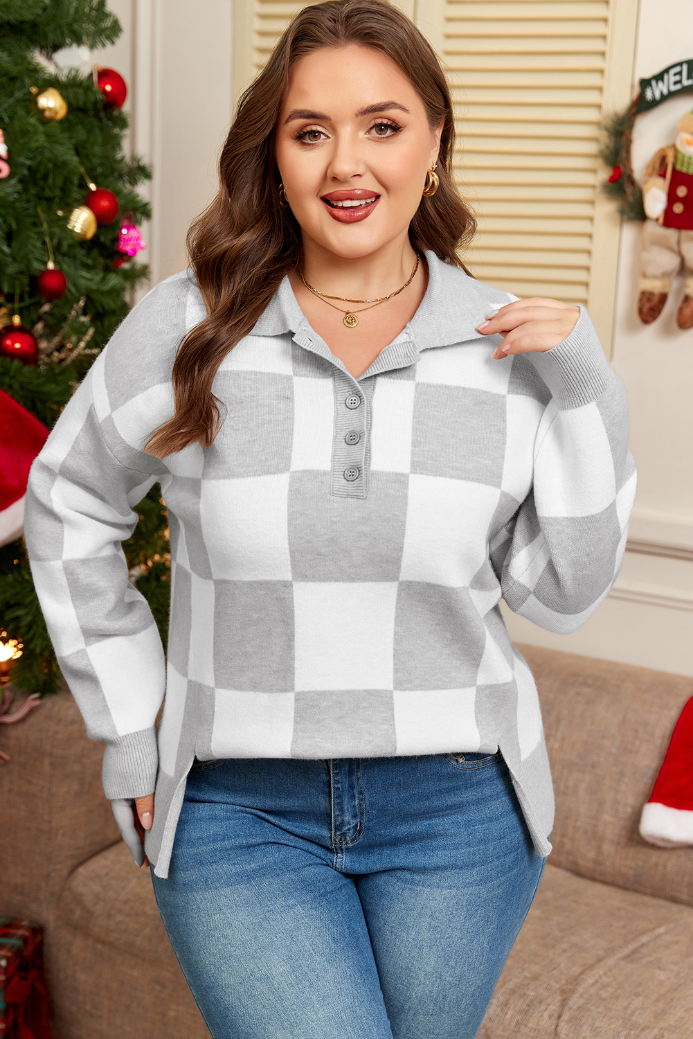 Gray Plus Size Checkered Pattern Button Polo Collar Split Sweater - Image 3