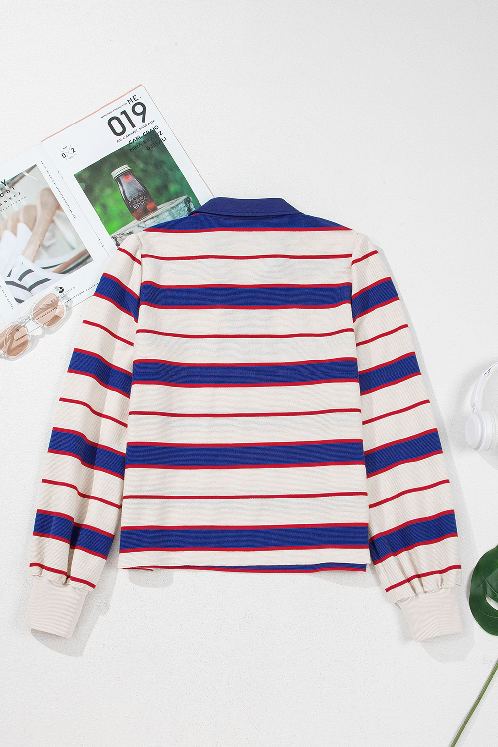 Blue Stripe Color Block Polo Pullover Sweatshirt - Image 4
