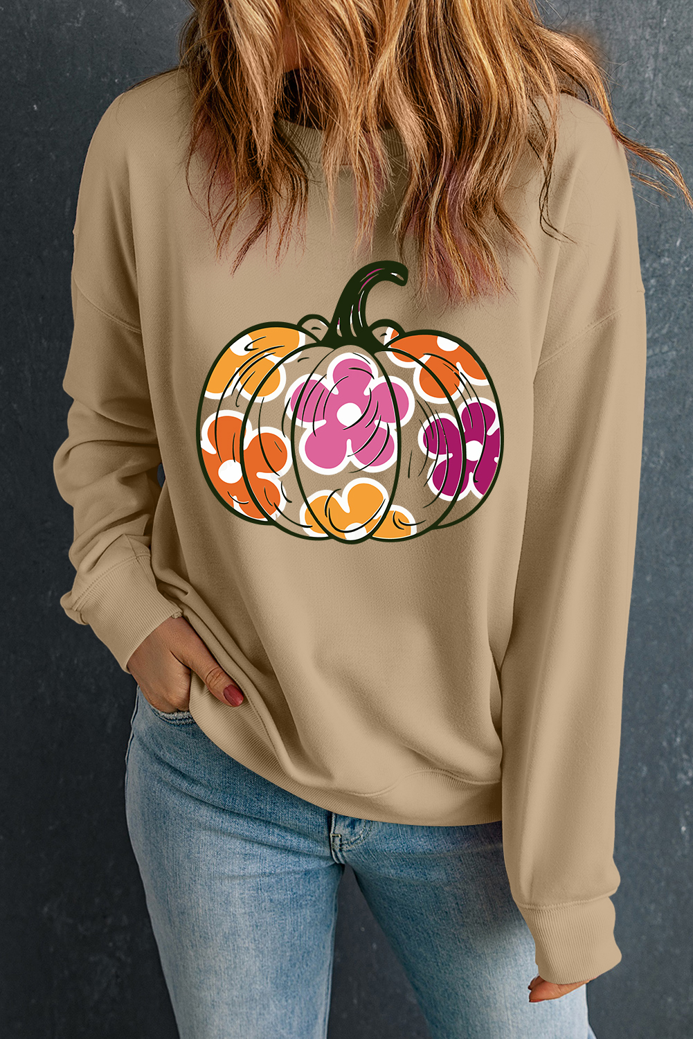 Khaki Halloween Floral Pumpkin Graphic Drop Shoulder Sweatshirt - Image 3