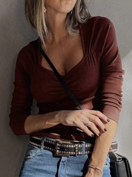 Burgundy Gathered Bust Square Neck Ribbed Fit Long Sleeve Top