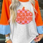 Light Grey HELLO PUMPKIN Patched Graphic Colorblock Bubble Sleeve Raglan Top