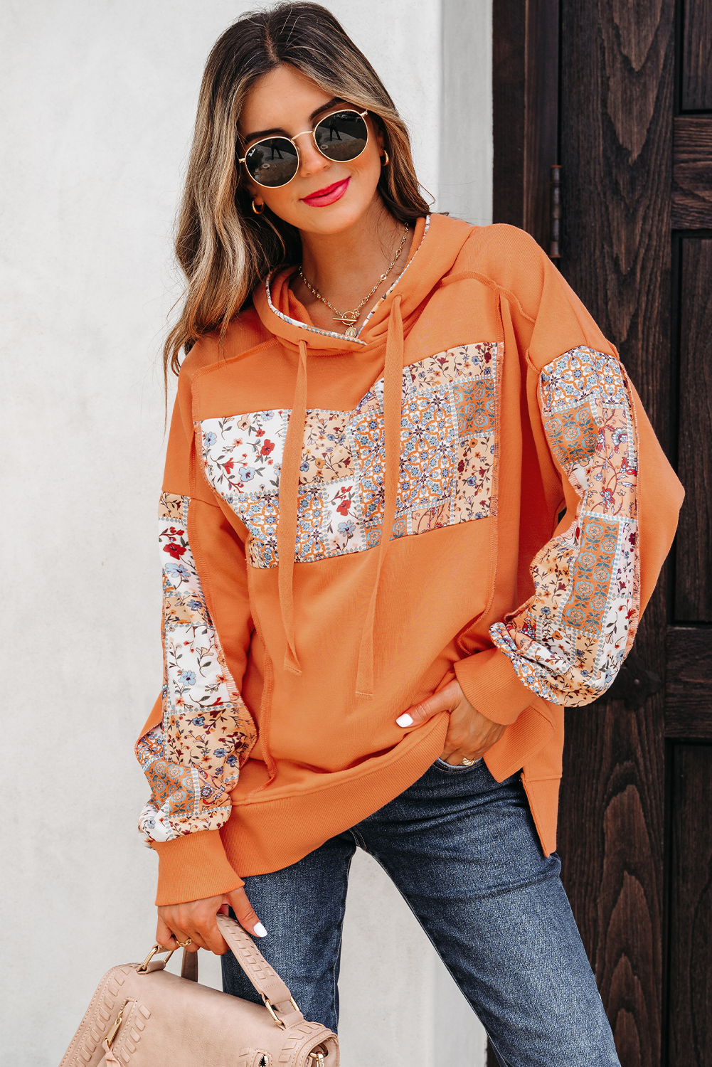 Flamingo Mix Floral Patchwork Side Slit Drawstring Hoodie - Image 5