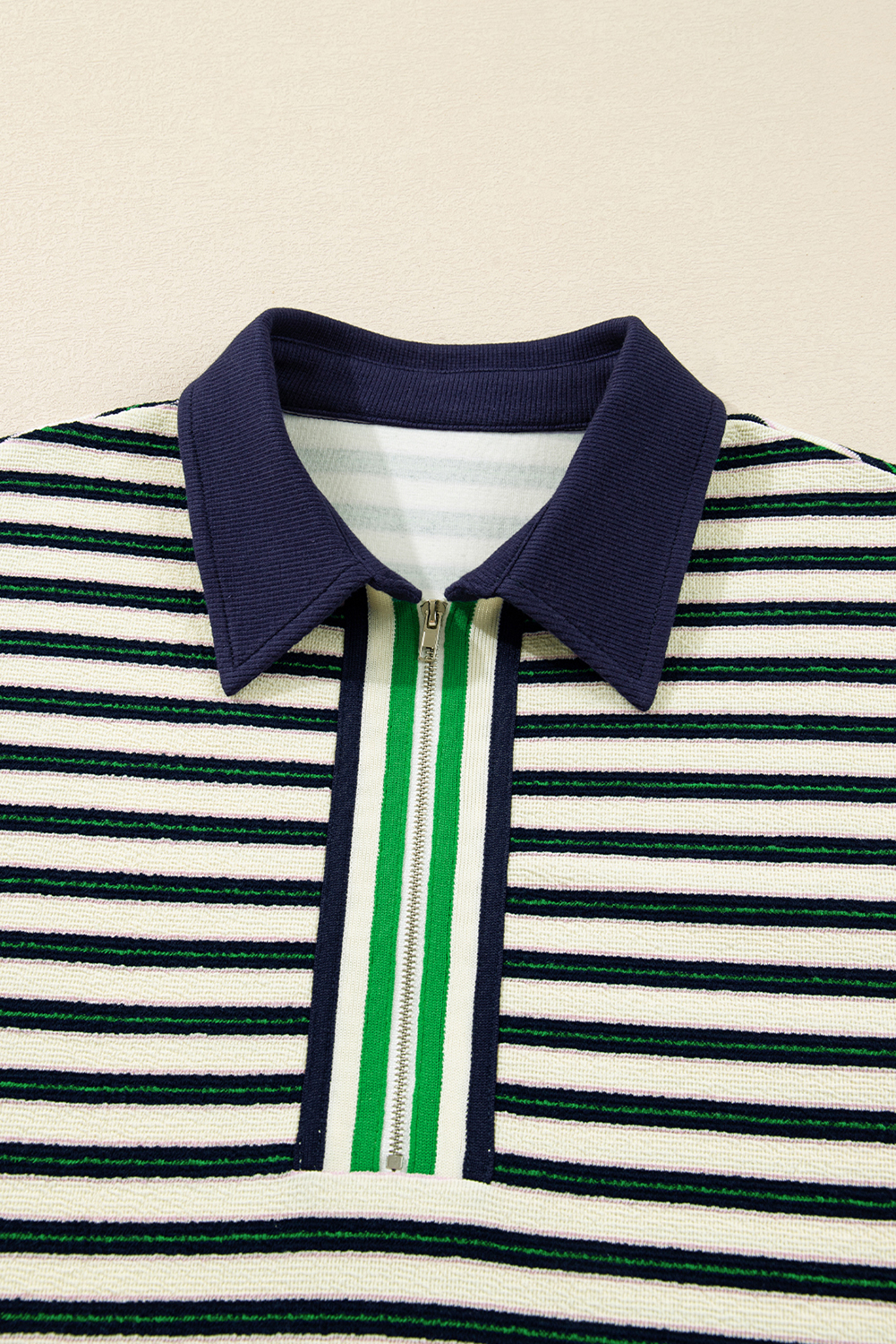 Navy Blue Striped Print Contrast Collar Zip V Neck Long Sleeve Top - Image 4