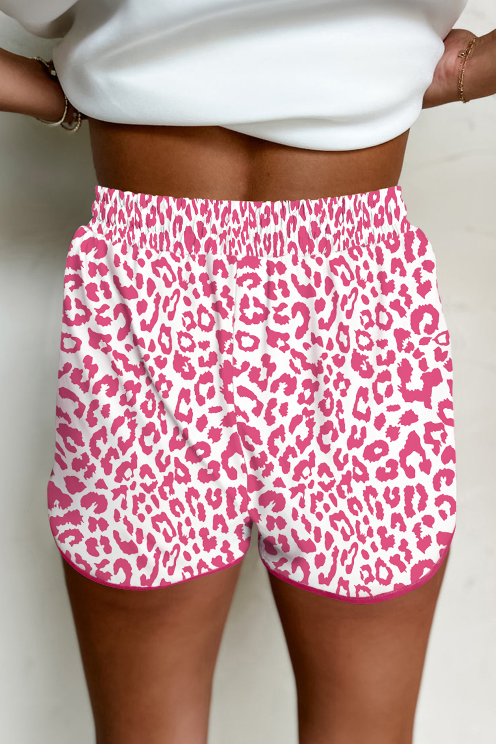 Pink Leopard Elastic Waistband Lace up Contrast Trim Casual Shorts - Image 2