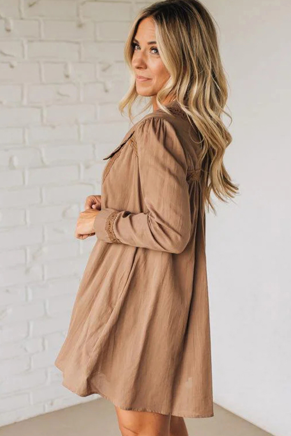 Straw Yellow Lace Trim Peter Pan Collar Long Sleeve Mini Shirt Dress - Image 3