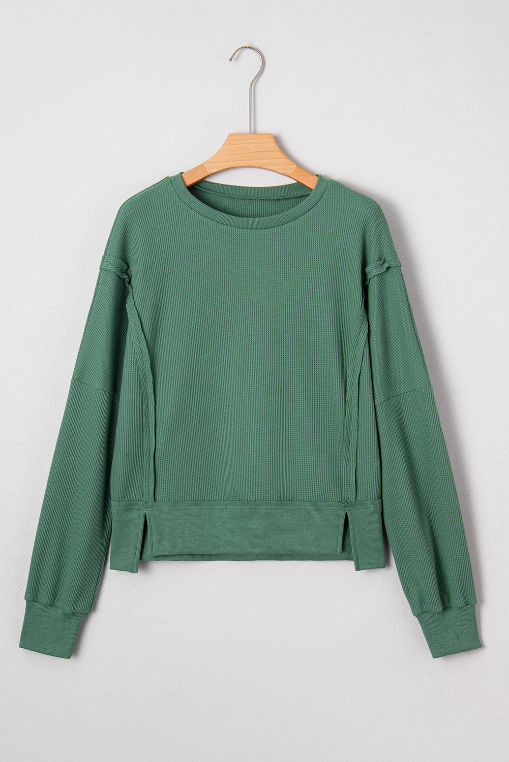 Evergreen Solid Color Raw Seam Patchwork Ribbed Drop Shoulder Sweatshirt - Image 4