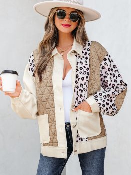 Khaki Leopard Waffle Quilted Patchwork Button Front Jacket