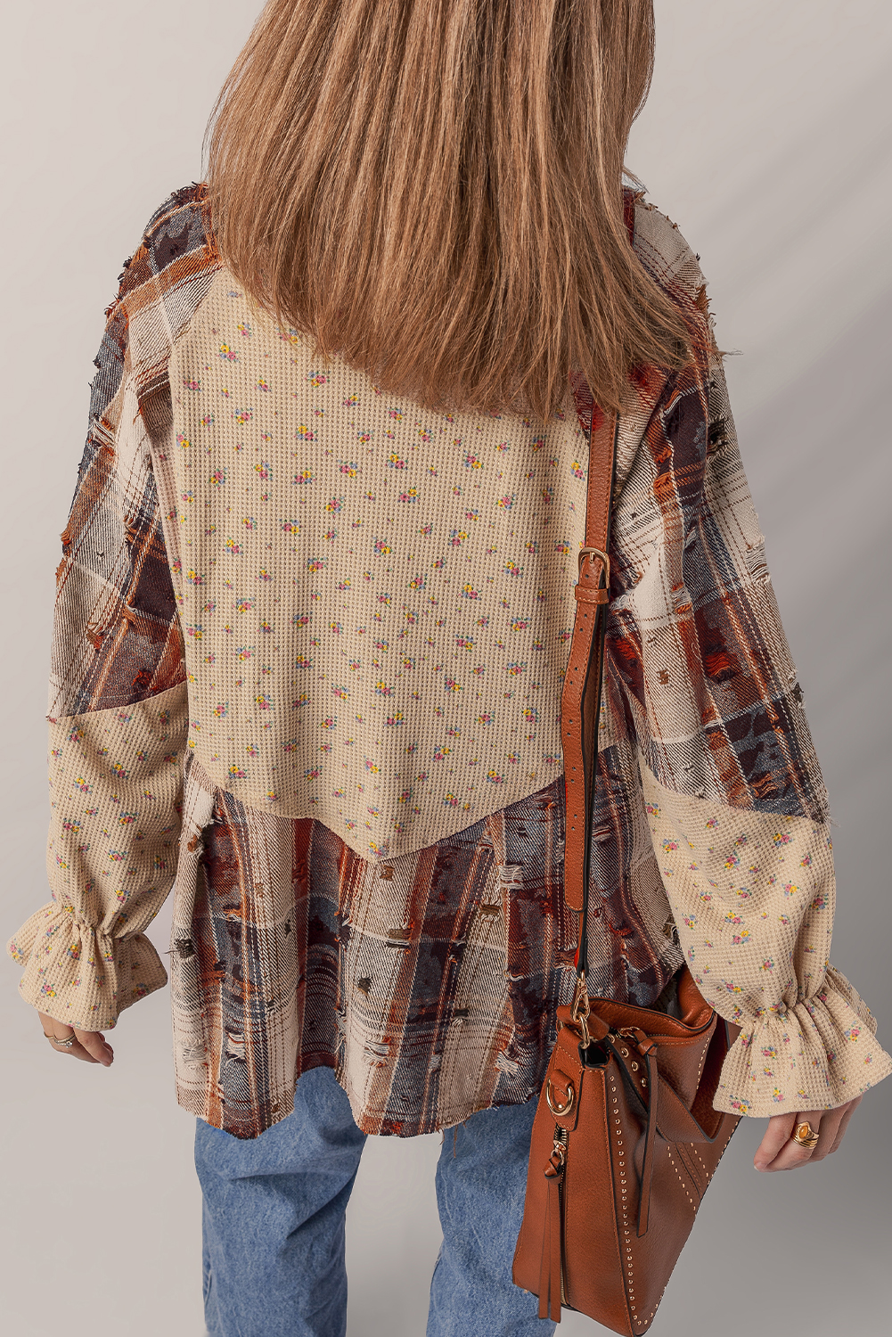 Ashleigh Blue Boho Floral Plaid Patchwork Distressed Detail Ruffled Sleeve Waffle Knit Shacket - Image 2
