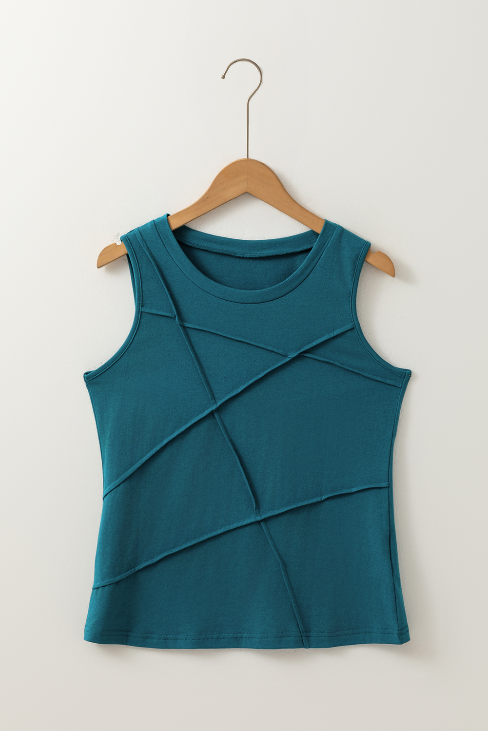 Blue Sapphire Solid Color Stitching Detail Round Neck Tank Top - Image 5