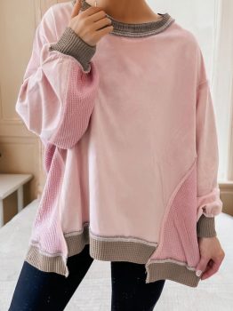 Light Pink Color Block Mix Texture Waffle Patchwork Oversize Sweatshirt