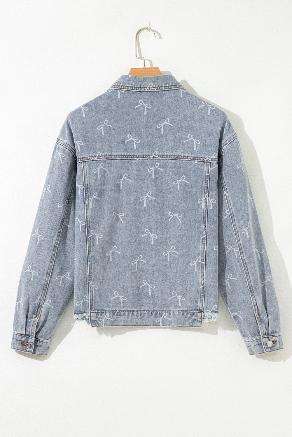 Sky Blue Bow Knot Print Light Wash Raw Hem Denim Jacket - Image 7